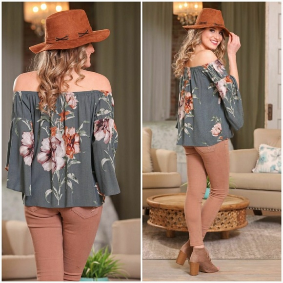 Teal Floral Off The Shoulder Top - Picture 3 of 5